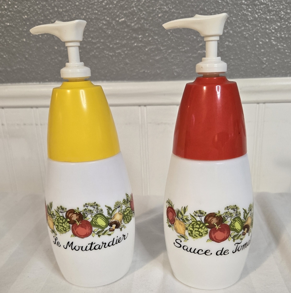 Vintage 1970'S  Ketchup and Mustard Dispenser Set - Milk Glass